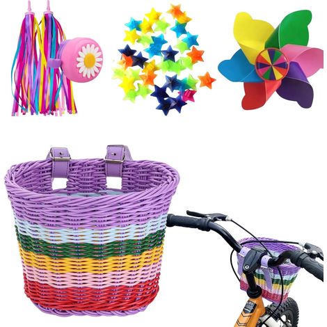 Amovible Panier en Osier Avant,Accessoires de Vélo pour Enfants,Couleur Arc - en - Ciel Panier de Vélo Avant,Moulin à Vent Sept Couleurs,Décor D'étoiles,Sonnette et Bandeau (1/5)
