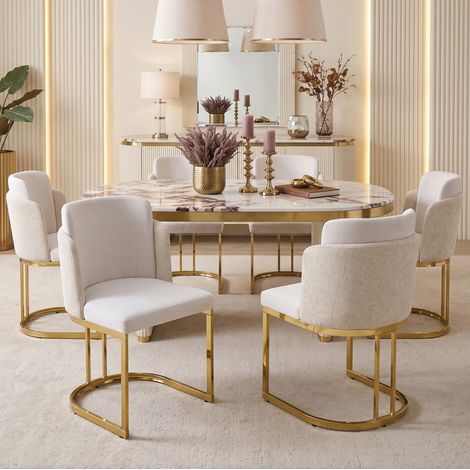 Lot de 2 chaises de salle à manger en chenille, pieds métalliques dorés, beige, style moderne (1/5)