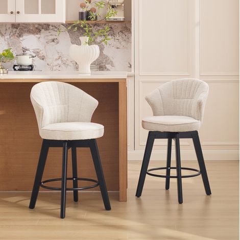 Tabouret de bar en chenille beige avec dossier, pivotant, rembourré avec repose-pieds (1/5)