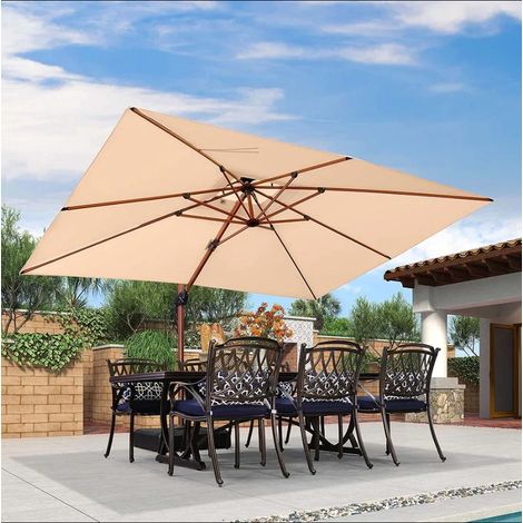 PURPLE LEAF Parasol 3 x 4 m Rectangulaire de Terrasse, Parasol Déporté 360°, Double Toit Ventilé, Finition Aspect Bois Antirouille, Parasol de Jardin Luxe, Beige (1/5)