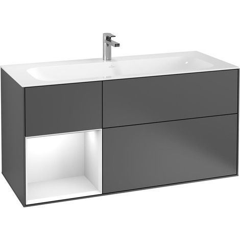 Finion, Muebles de baño, 1196 x 591 x 498 mm, Angular, con estantería (iluminada), modelo suspendido, En madera, iluminación LED, 1x LED / 2.3W, 2700 K a 6480 K, Lacado Blanco Brillo