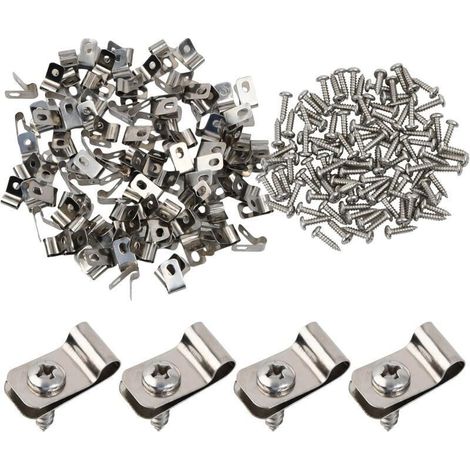 Packung mit 100 Zaunklemmen, Edelstahl-Drahtklemmen, Kabelklemmen, Drahtkäfigklemmen, Befestigungsklemmen für landwirtschaftliche Zäune, mit Schrauben (1/4)