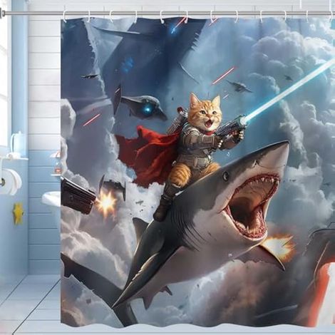 Rideau de douche amusant, rideau de douche amusant avec motif chat sympathique chevauchant un requin vague de l'océan pour salle de bain, ensemble de rideaux de douche amusants pour enfants, (1/5)