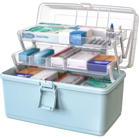 Organisateur de boîte à médicaments portable, boîte de rangement de médicaments domestiques pliable à trois couches, Bleu (1/3)
