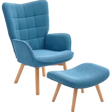 Poltrona con pouf blu in tessuto effetto corda, schienale alto, gambe in legno (1/4)