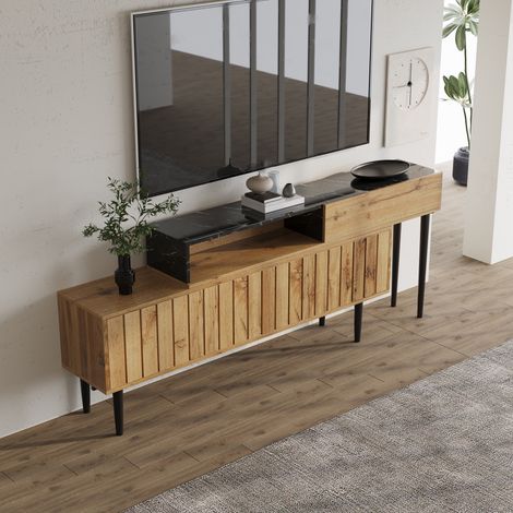 TV-Lowboard 129 x 30 x 58 cm in Dunkelbraun, Holz- und Marmoroptik – moderner Wohnzimmerschrank mit robusten Eisenfüßen und Ablagefächern für Fernseher bis 50 Zoll