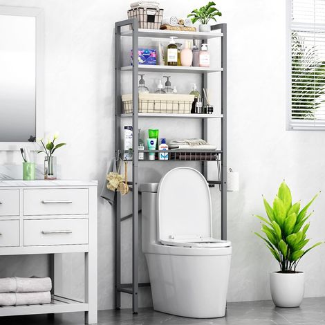 Étagère de Toilette Multifonctionnelle Ajustable à 4 Niveaux avec Panier pour Salle de Bain et Toilettes, Gain de Place, Facile à Assembler (Gris & Blanc) (1/5)