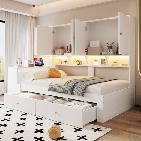 Letto singolo multifunzione 90x200 cm con scrivania, armadi, cassetti, LED e presa, bianco (1/5)