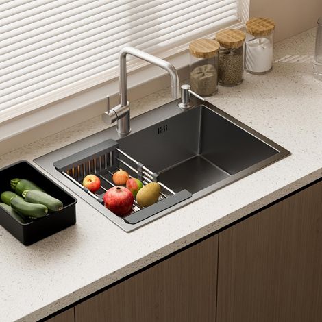 Évier de Cuisine 1 Bac en Acier Inoxydable 68x45 cm SATNEW, Évier Encastrable, Trous pour Robinets et Distributeur de Savon et panier télescopique, Noir