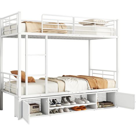 Lit superposé métal 90x200, armoire, étagère chaussures, échelle, blanc