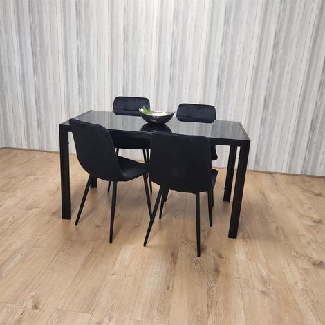 Dining Table and 4 Chairs Black Glass 4 Velvet Chairs Dining Room Furniture (1/5)