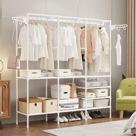 Clothes Rack, Wardrobe, Coat Rack, Hooks, Storage Shelves with Shoe Shelf for Home, Living Room, Bedroom, Hallway (White, 160x36x173 cm) (1/5)