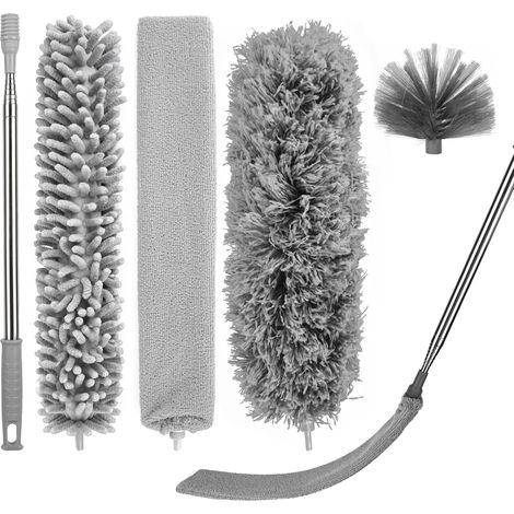 Juego de 4 plumeros telescópicos lavables de microfibra con mango de acero inoxidable, mango telescópico largo extensible hasta 240 cm y cepillo de esquina flexible para techos. (1/5)