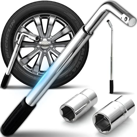 Clé Téléscopique Pneus Auto, Poignée Gomme Antiglisse, Douilles 17 19 21 23 mm, Acier Chromé, Longueur Réglable 350 500 mm, Outil Compatible Voiture Moto Garage (1/5)