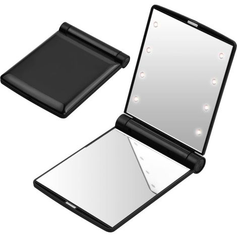 Miroir de poche LED pliable noir – 8 lumières, compact et portable pour maquillage ou voyage, idéal sac à main & cadeau femme (1/5)