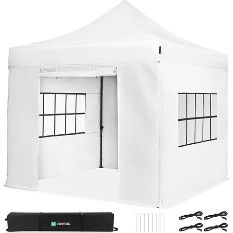 VONROC Tente de réception Premium Easy-Up - 3x3 m Ensemble incl. parois latérales - Blanche (1/4)