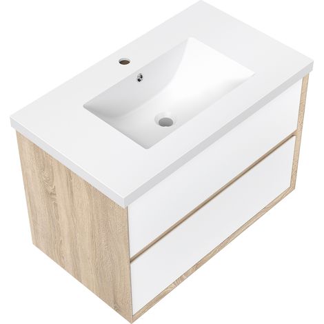 Meuble salle de bain suspendu 80 cm avec simple vasque + 2 tiroirs, Blanc et Chêne (1/5)