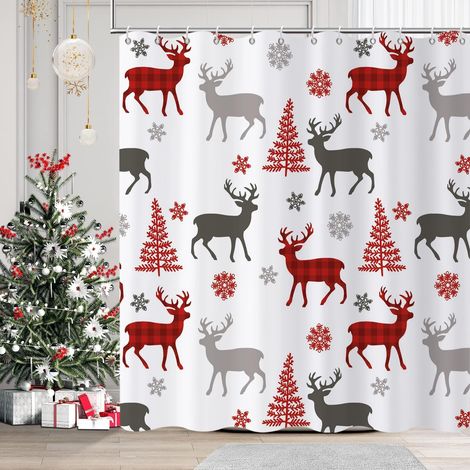 Rideau De Douche Noel - Motif Carreaux Buffalo Et Motifs Cerfs Flocons D Hiver - Tissu Imperméable - Lavable En Machine - 91 Cm L X 183 Cm H - 1 Pièce (1/5)
