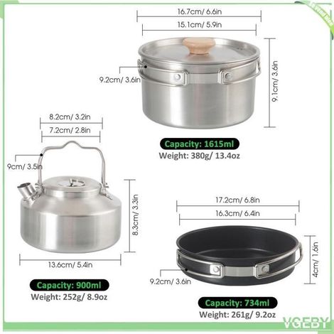 Batterie de cuisine de camping - FAFEICY - Ensemble portable Cocotte - Acier inoxydable - Poignées pliables - 3 pièces (1/5)