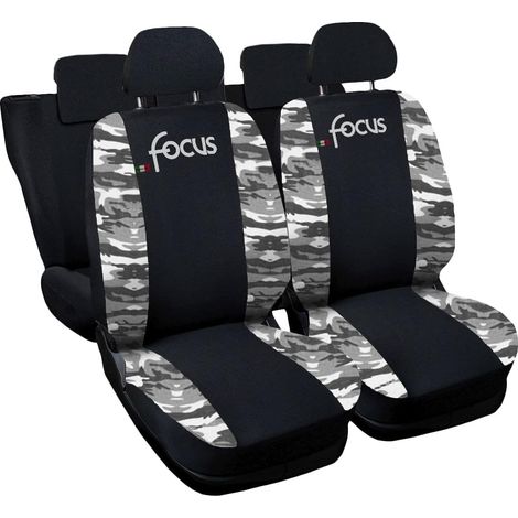 Lupex shop - Coprisedili Auto Compatibili per Focus, Made In Italy, set di copri sedili anteriori e posteriori con copri poggiatesta incluso, tessuto poliestere, colore - Nero / Mimetico Chiaro