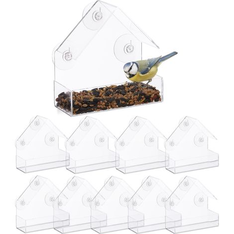Mangeoire à oiseaux fenêtre, en lot de 10, 3 ventouses, Distributeur de graines, Nichoir, HLP : 15x15x7 cm, transparent
