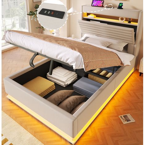 Bett 90x200 cm gepolstert in Beige, Leinenoptik, mit Kopfteil, LED, USB/Type-C und hydraulischem Stauraum