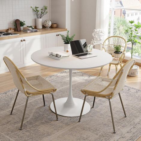 Table à Manger Ronde avec Plateau MDF Imitation Bois et Base Métal Noir, Style Moderne pour Salle à Manger, 120 x 120 x 75 cm – Brun (1/5)