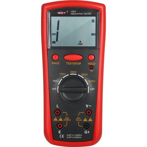 Tonysa – Mégohmmètre numérique LCD 1000V – Plage de mesure 0,1 MΩ à 2000 MΩ – CAT-II 1000V – Testeur d'isolation pour équipements électriques