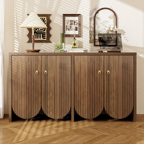 Buffet en aspect noyer 147x40x80 cm - Sideboard moderne avec 4 portes à rainures, étagères réglables et poignées dorées pour salon et salle à manger (1/5)