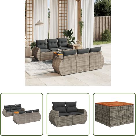 vidaXL Gartensessel - 7-tlg. Garten-Sofagarnitur mit Kissen Grau Poly Rattan (1/5)