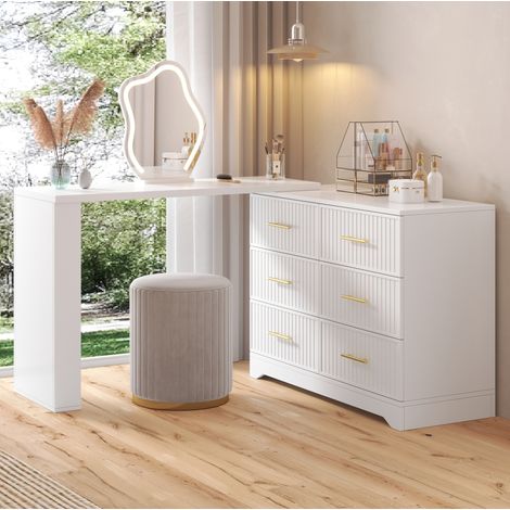 Schminktisch 110/40/129 cm Weiß-Gold mit LED und viel Stauraum (1/5)