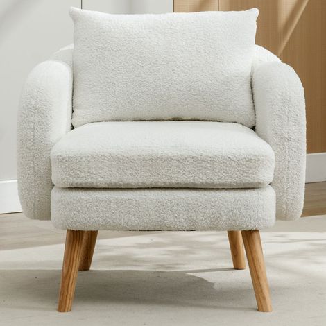 Fauteuil en velours bouclette avec coussin épais, assise rembourrée sur pieds en bois, style moderne (1/5)