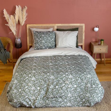 - Bettwäsche-Set aus Baumwolle und Lyocell für Doppelbett mit grünem Blumenmuster - 260 x 240 cm