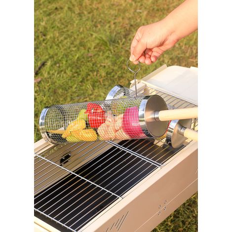 Lot de 2 paniers à griller rotatifs en acier inoxydable pour barbecue, avec filet de cuisson pour poissons et légumes.