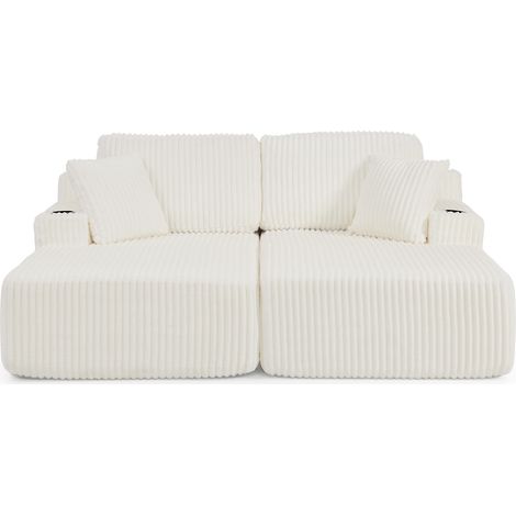 Canapé convertible 2 places avec fonction relax, canapé tissu velours côtelé doux avec poche latérale porte gobelet coussins confortable, beige (1/4)
