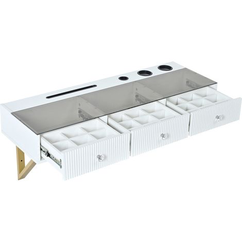 Table de maquillage blanche avec 3 tiroirs, plateau en verre, support tablette et porte-gobelet 120×40×45 cm (1/5)