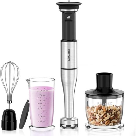 4-en-1 Mixeur Plongeant 1000W, Vitesse Variable, Acier Inoxydable Anti Splash, Inclut Fouet, Hachoir 500ml, Verre Doseur 700ml à Couvercle et Protège-Casserole, pour Smoothies, Soupes, Purées (1/5)