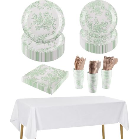 Service de table en papier vert sauge comprenant assiettes, tasses, serviettes, couverts et nappes pour thé de l'après-midi, mariage, anniversaire (1/5)