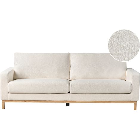 Sofá 3 plazas sala de estar estilo moderno patas madera clara bouclé blanco Siggard