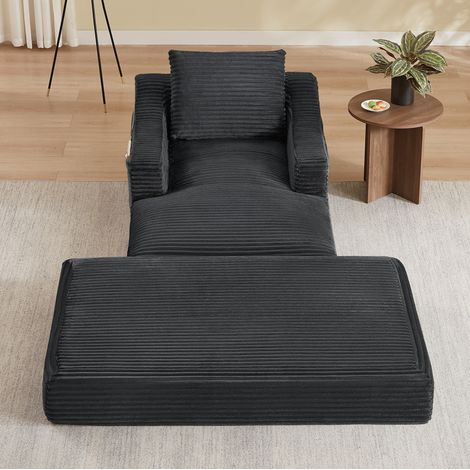 Divano lounge singolo in corduroy grigio scuro, trasformabile in letto, 100 x 160 x 85 cm (1/5)