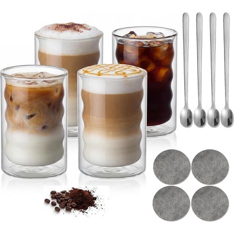 Set 4 Doppelwandige Kaffeegläser 350ml mit Löffeln & Untersetzern