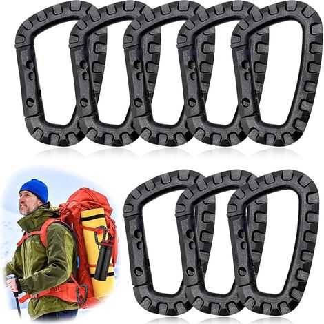 Lot de 8 Mousquetons en Plastique,pour Camping Randonnée,Mousqueton Tactique Militaire Durable Forme en D Multifonctionnelle Sac à Dos(Noir) (1/5)