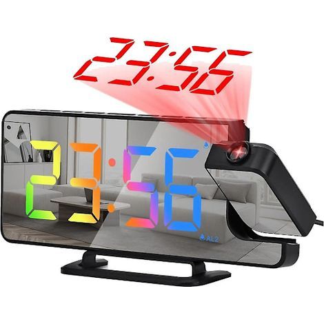 Réveil numérique à projection pour chambre à coucher, miroir LED de 7,6 cm, avec projecteur 180°, noir (1/4)