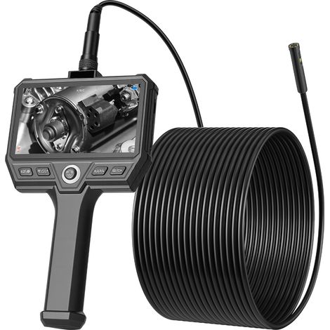 Mophorn Endoscopio a tripla lente con cavo ultra-rigido da 10 m, telecamera endoscopica industriale con schermo IPS HD da 5", luci integrate, zoom 8X, telecamera snake impermeabile IP67 (1/5)