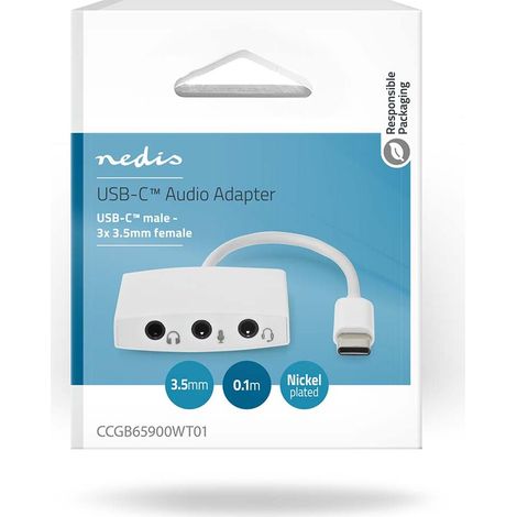 Nedis USB-C™ Adapter / USB 2.0 / USB-C™ Stecker / 3.5 mm Buchse / 0.10 m / Rund / Vernickelt / ABS/PVC / Weiss / Box