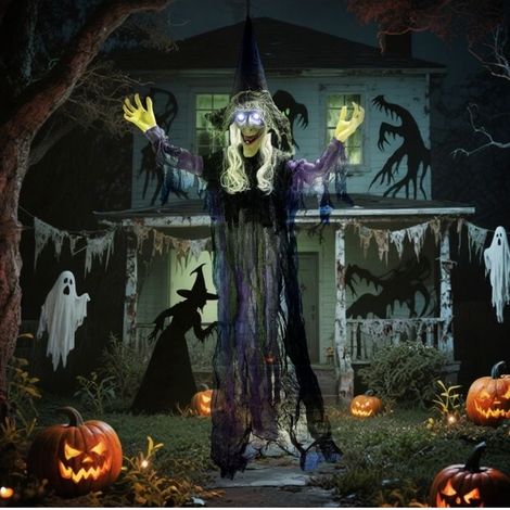 Décoration Halloween Sorcière Suspendue LED Effet Sonore Bras Articulés 183 cm Violet Acier Polyester - UVRION (1/2)