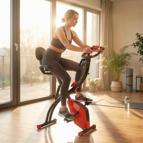 Vélo d'appartement pliable 2 en 1, résistance magnétique réglable sur 8 niveaux, silencieux, avec capteur de fréquence cardiaque, brassards, écran LCD, volant d'inertie de 2,5 kg, rouge. (1/5)