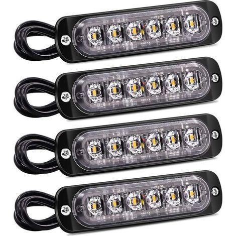 4PCS feux latéraux stroboscopiques, barre lumineuse d'avertissement de danger à 6 LED, balise de panne ambre, feux clignotants d'urgence, étanches 12V 24V universels pour camion de voiture (1/5)