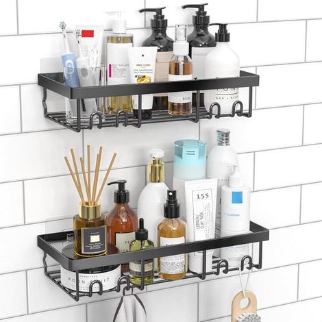 Estante organizador para ducha - 2 piezas, estantes de baño negros autoadhesivos para montaje en pared (1/5)