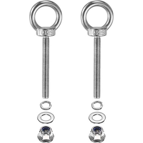 Piton à œil M6 x 50mm avec épaulement, 2 Pcs Acier Inox 304 Anneau de Levage Piton Fileté avec Écrous Freins à Collerette Rondelles Grower et Plates Arrimage Intérieur Extérieur (1/5)